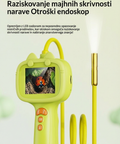 Yellow otoscope with screen displaying an image of a nature scene on a light green background.