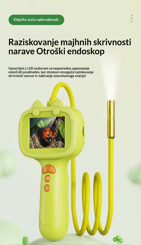 Yellow otoscope with screen displaying an image of a nature scene on a light green background.