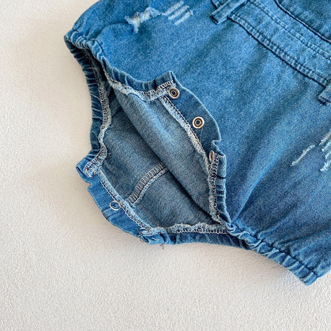 Romper and T-Shirt Denim Strap Stripe Pattern Set