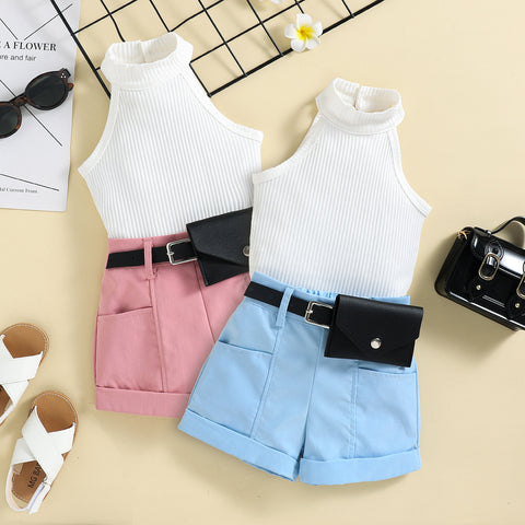 High Neck Sleeveless Top and Belted Shorts Set