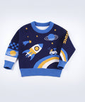 Children's sweater with space-themed design on a white background