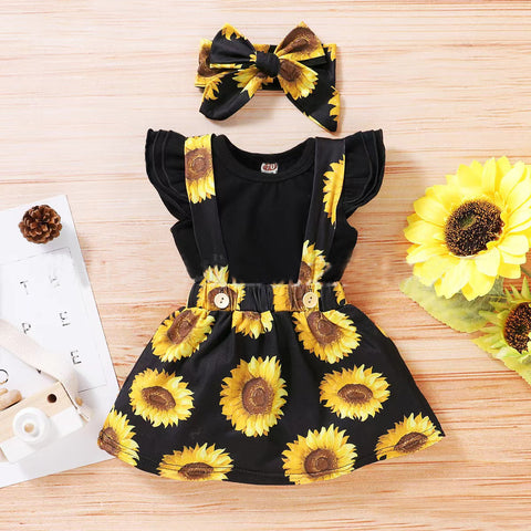 طقم مكون من جمبسوت وتنورة وعصابة رأس بنقشة عباد الشمس