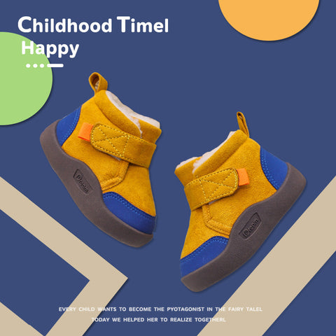 Yellow and blue children's boots on a colorful background with text about childhood memories.