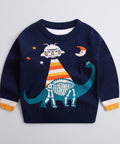 Navy blue sweater with dinosaur and alien design on a white background