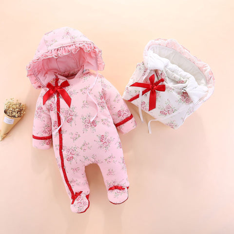 Warm Cotton Floral Jumpsuit with Detachable Hood