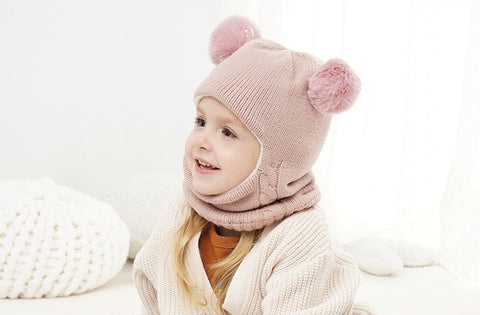 Fleece-Lined Hat with Pom Pom Ears