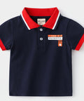Navy blue polo shirt with red accents on a light gray background
