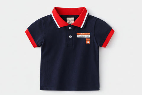 Navy blue polo shirt with red accents on a light gray background