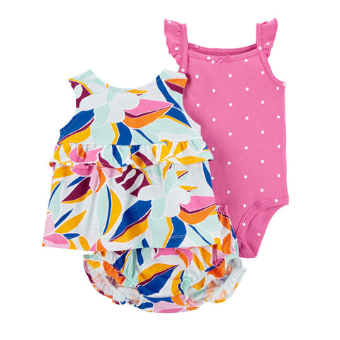 Two children's swimsuits, one colorful and one pink with white polka dots, on a white background.