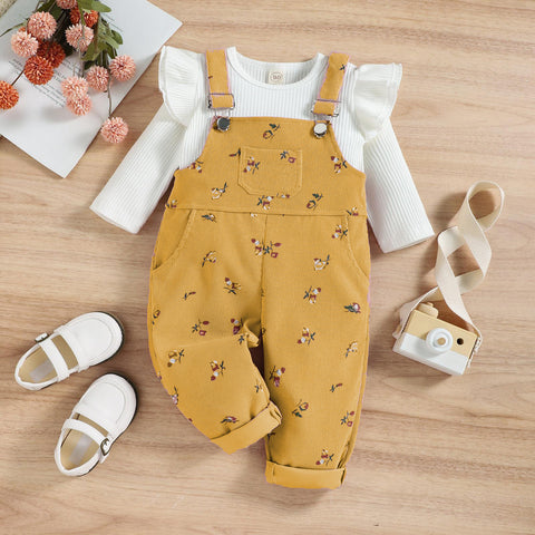 Floral Corduroy Overalls and Ruffle Blouse Set