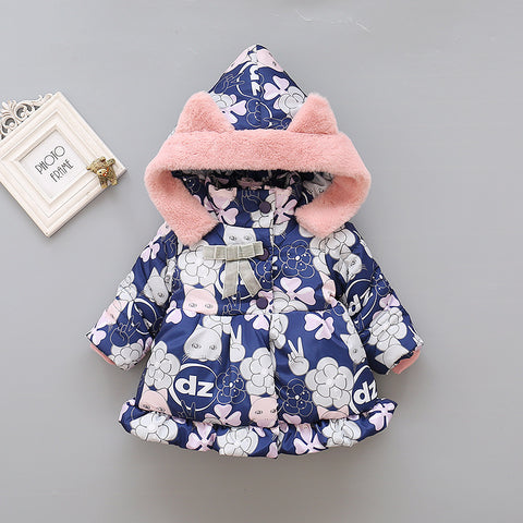 Floral Puffer Jacket and Plush Cat Bag Set