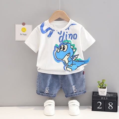 Dinosaur Print T-Shirt and Denim Shorts Set