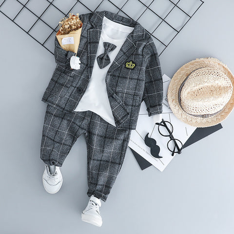 Wool Checked Blazer, T-Shirt, Pants and Bow Tie Set