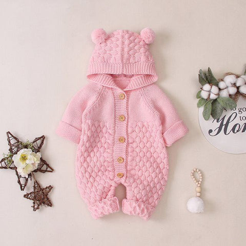 Cozy Knit Hooded Romper with Wooden Buttons