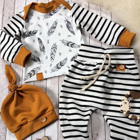 Feather Print Top, Striped Pants and Hat Set