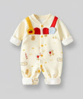 Baby onesie with suspenders on a yellow background, featuring text and graphics.