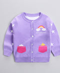 Purple children's cardigan with rainbow and cloud designs on a white background