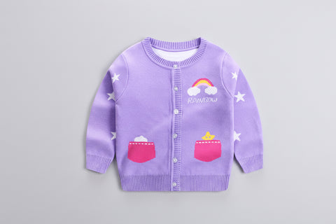 Purple children's cardigan with rainbow and cloud designs on a white background