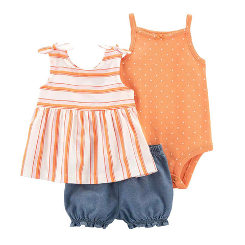 Set of children's clothing including a striped top, polka dot tank top, and denim shorts on a white background.