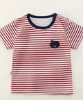 Red and white striped t-shirt with a black logo on a hanger against a white background