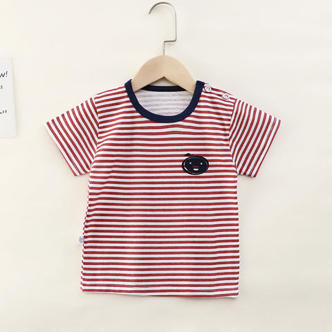 Red and white striped t-shirt with a black logo on a hanger against a white background