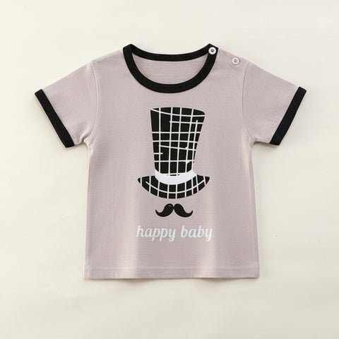 Children's t-shirt with a graphic design and 'happy baby' text on a white background
