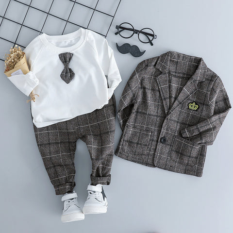 Wool Checked Blazer, T-Shirt, Pants and Bow Tie Set