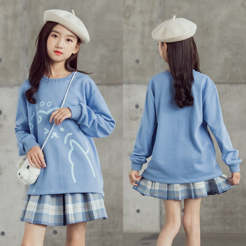 Cotton Sweatshirt and Pleated Plaid Skirt Set