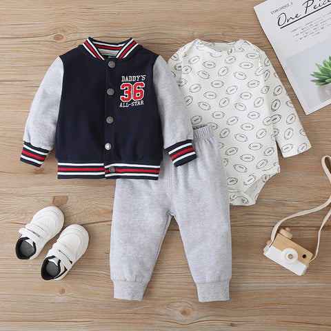 Varsity Jacket, Printed Romper and Pants Set