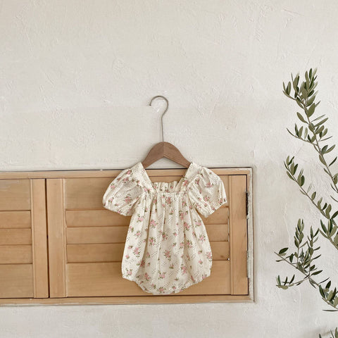 Puff Sleeves Cotton Romper with Bow