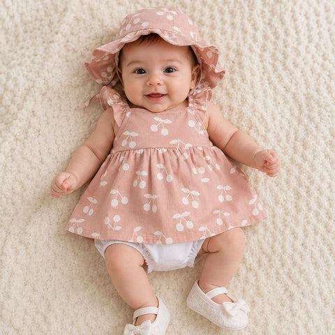Soft Cotton Cherry Print Dress with Matching Hat Set