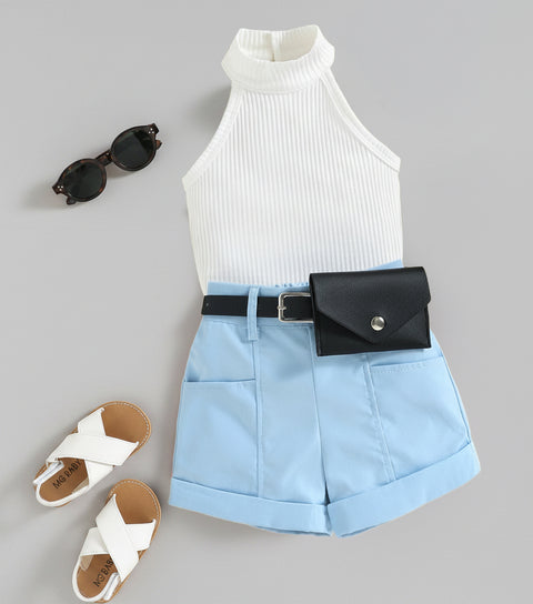 High Neck Sleeveless Top and Belted Shorts Set