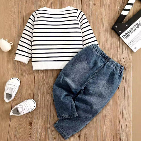 Elephant Embroidered Sweatshirt and Relaxed Jeans Set