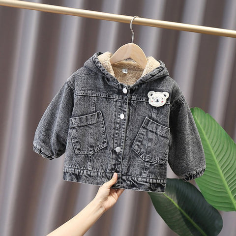 Adorable Denim Hooded Jacket with Bear Appliqué