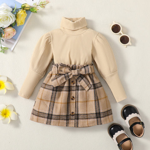 Turtleneck Pullover and Plaid Skirt with Bow Belt Set