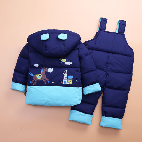 Horse Embroidered Puffer Jacket and Overalls Set
