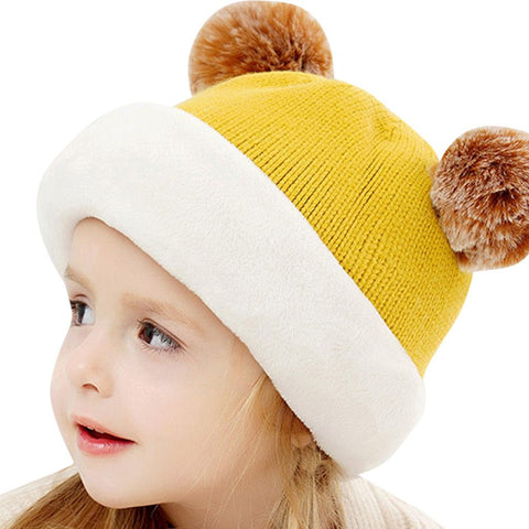 Fleece-Lined Hat with Pom Pom Ears