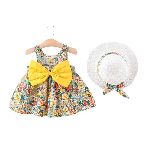Floral Cotton Dress with Yellow Bow and Sun Hat