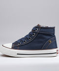 Blue denim high-top sneaker with a gold zipper on a white background