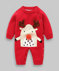 Red baby romper with reindeer design on a white background