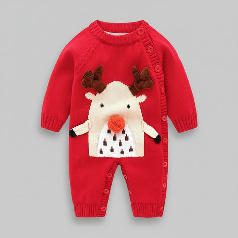 Red baby romper with reindeer design on a white background