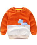 Orange and white sweatshirt with a dinosaur design on a white background