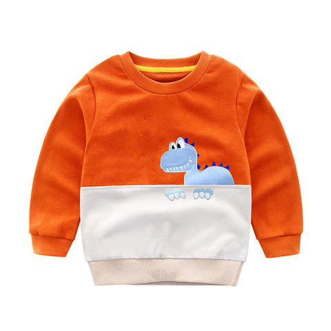Orange and white sweatshirt with a dinosaur design on a white background