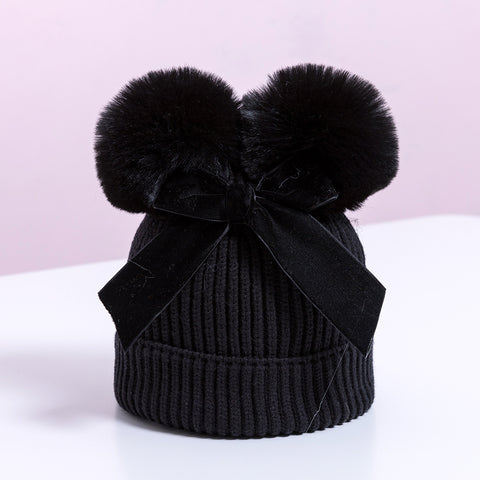 Knit Beanie with Double Pom and Velvet Bow