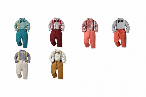 Gentleman Plaid Shirt, Suspender Pants and Bow Tie Set