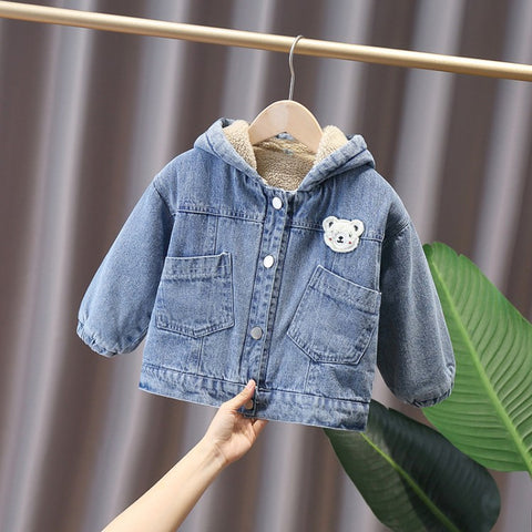 Adorable Denim Hooded Jacket with Bear Appliqué