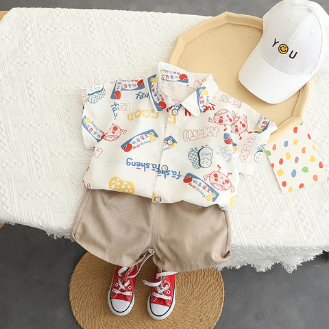 Graphic Button Shirt and Casual Shorts Set