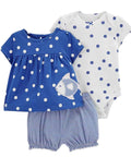 Baby outfit set with blue and white polka dot top, white onesie with blue polka dots, and striped shorts on a white background.