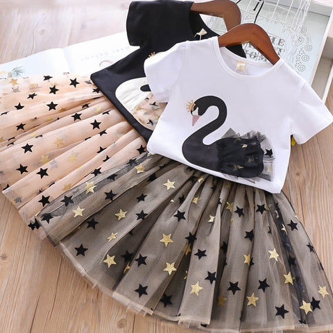 Swan Appliqué Top and Star Tulle Skirt Set