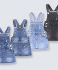 Four denim overalls in different styles on a white background
